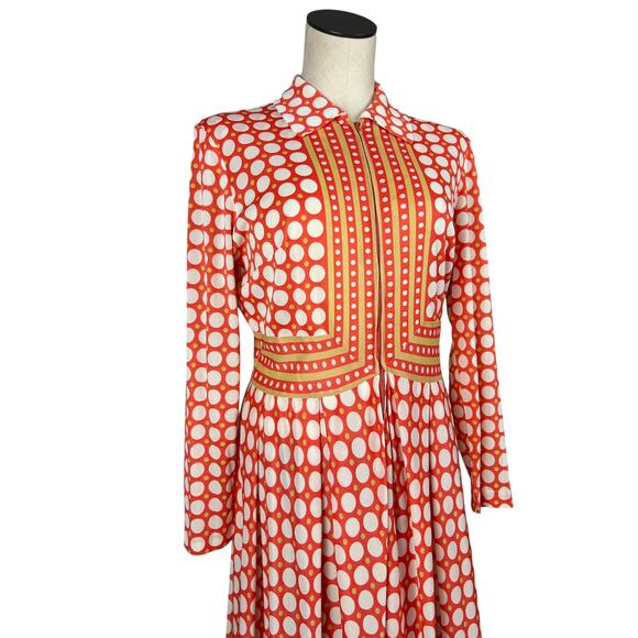 Vintage 70s Orange Polka Dot Collared Long Sleeve Front Zip Retro Midi Dress S - Picture 5 of 7